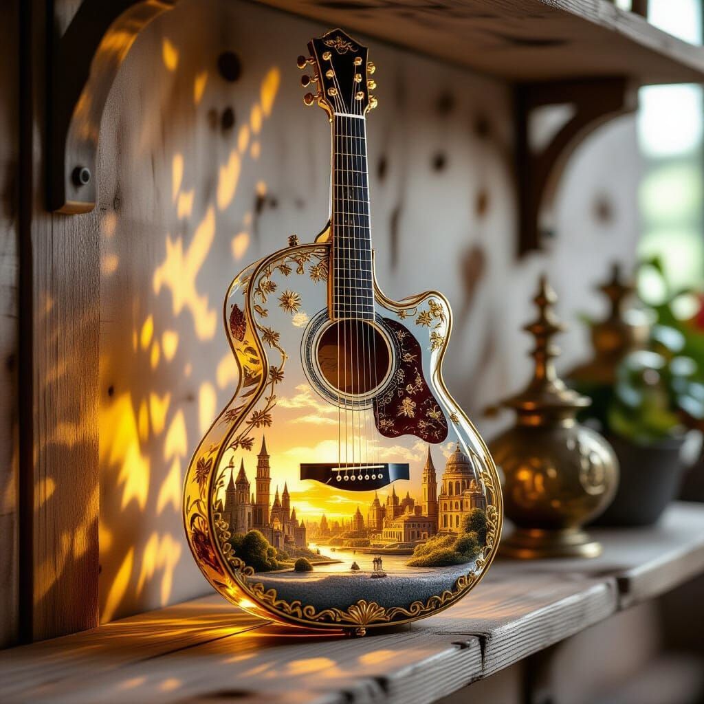 Golden Glass Guitar Encasing Miniature World in Surreal Styl...