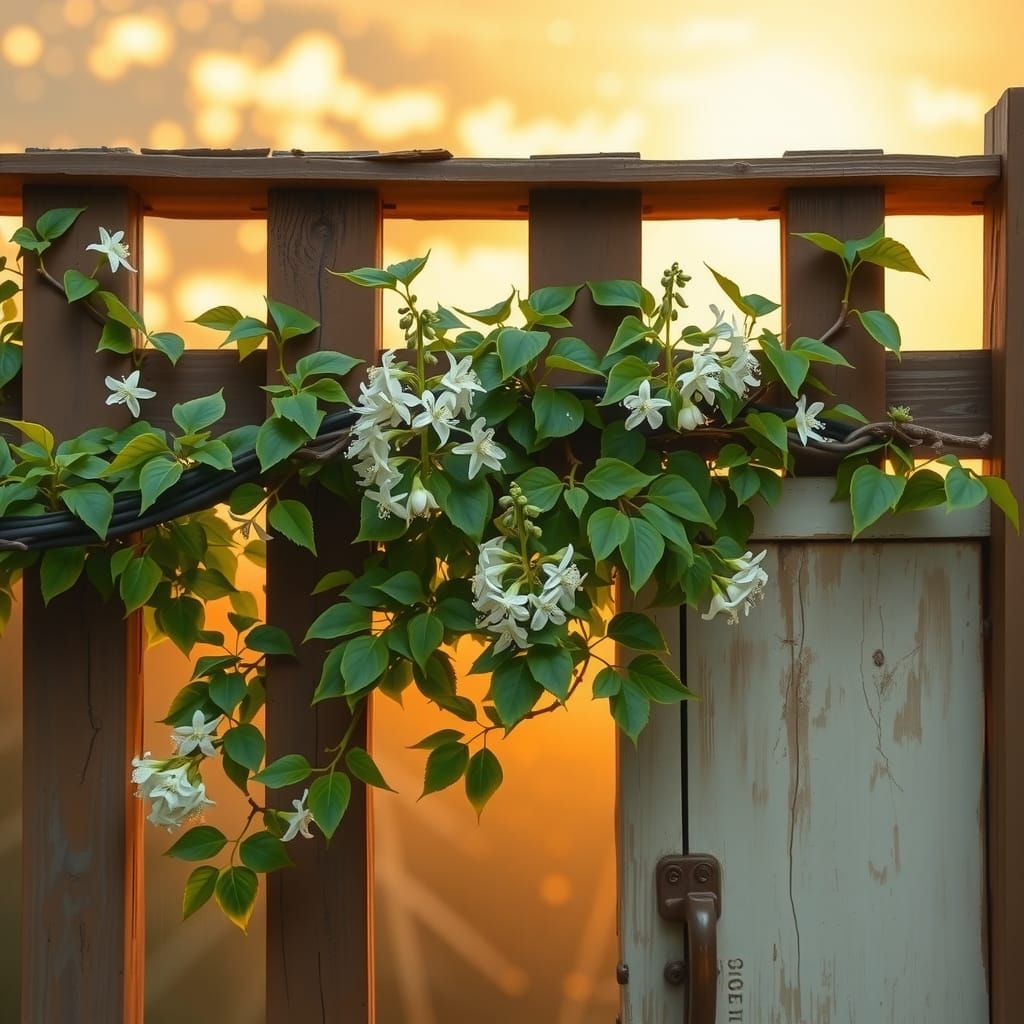 Honeysuckle Vines on Trellis in Impressionistic Sunset