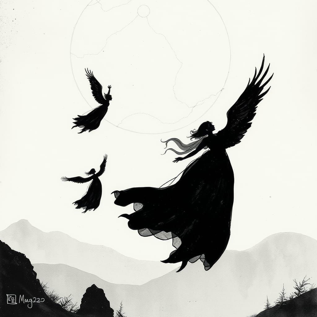 Silhouetted Figures Under Silver Moonlight in Ink Sketch