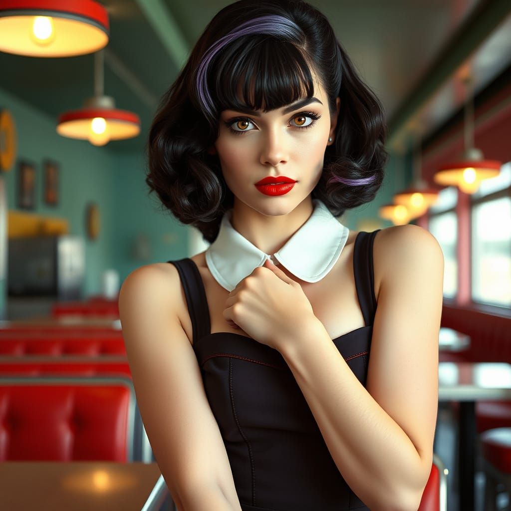 Gothic 50s Waitress Posing in Vintage Diner Photo