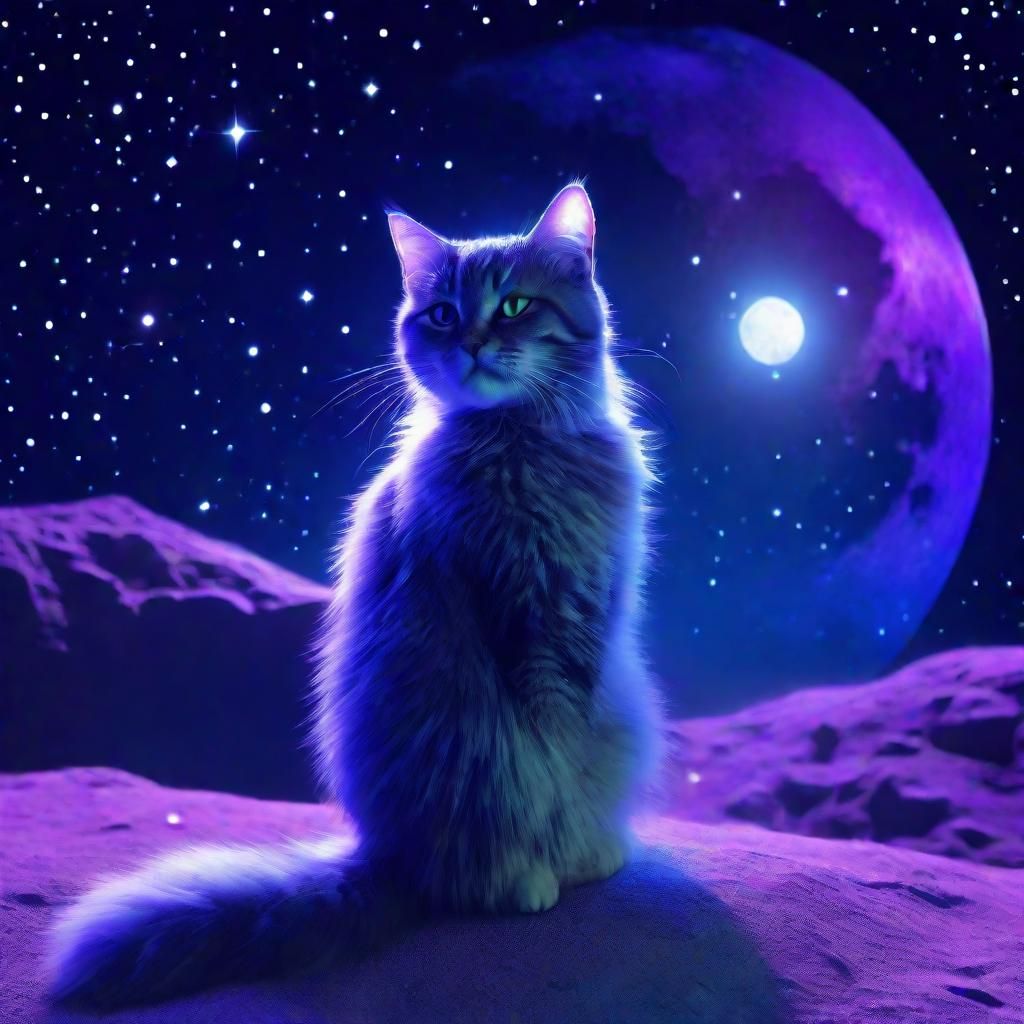 Bioluminescent Cat on the Moon: Digital Art