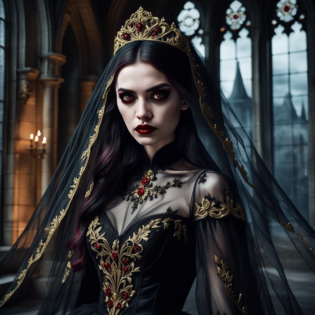 Gothic Vampire Bride in Black Tulle Wedding Dress