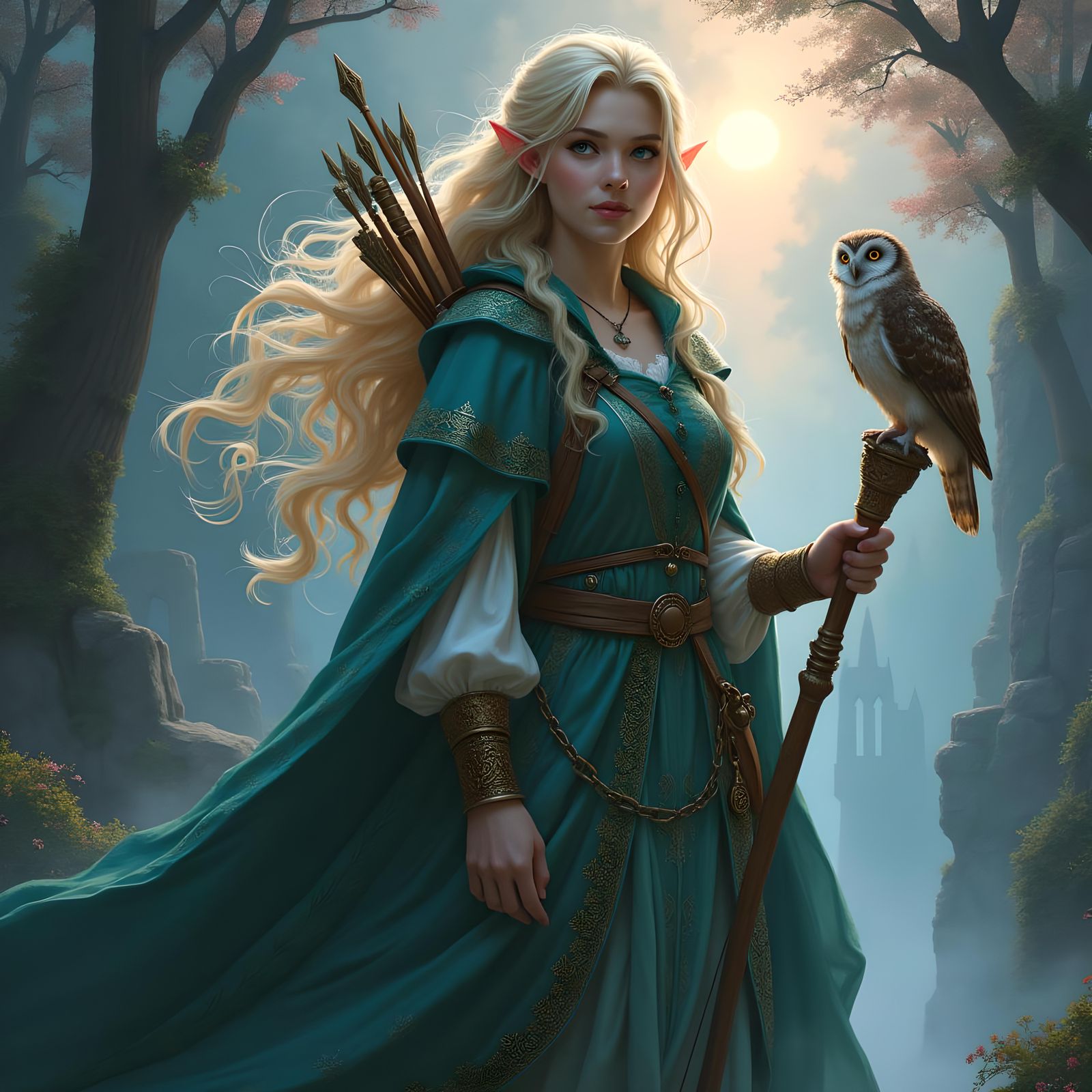 Elven Huntress in Twilight Forest with Owl