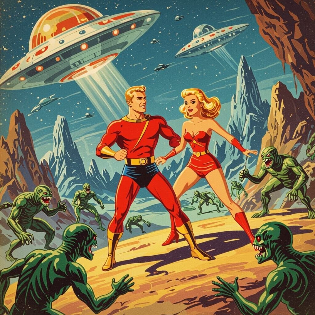 Flash Gordon and Dale on Alien Planet in Sci-Fi Style