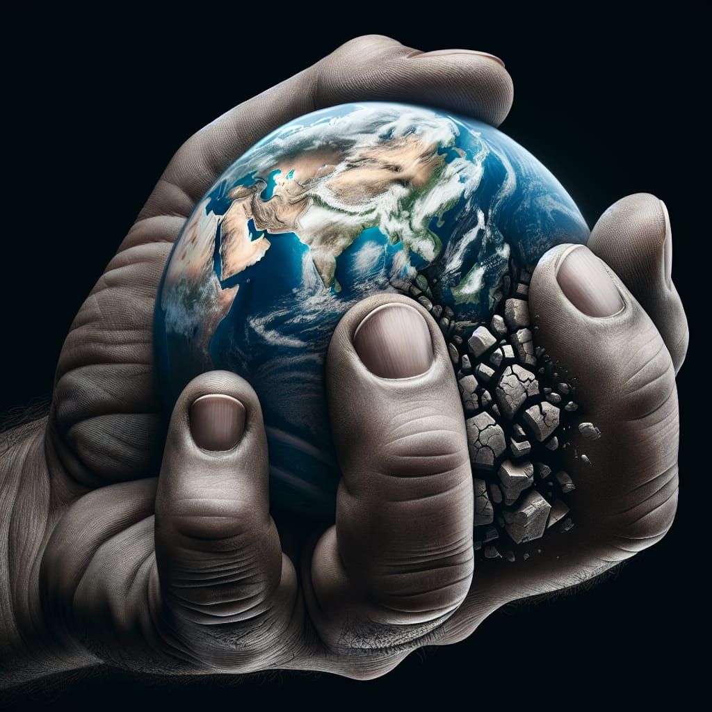 photo on palm of a hand planet earth. hand crushing hard planet earth into pieces