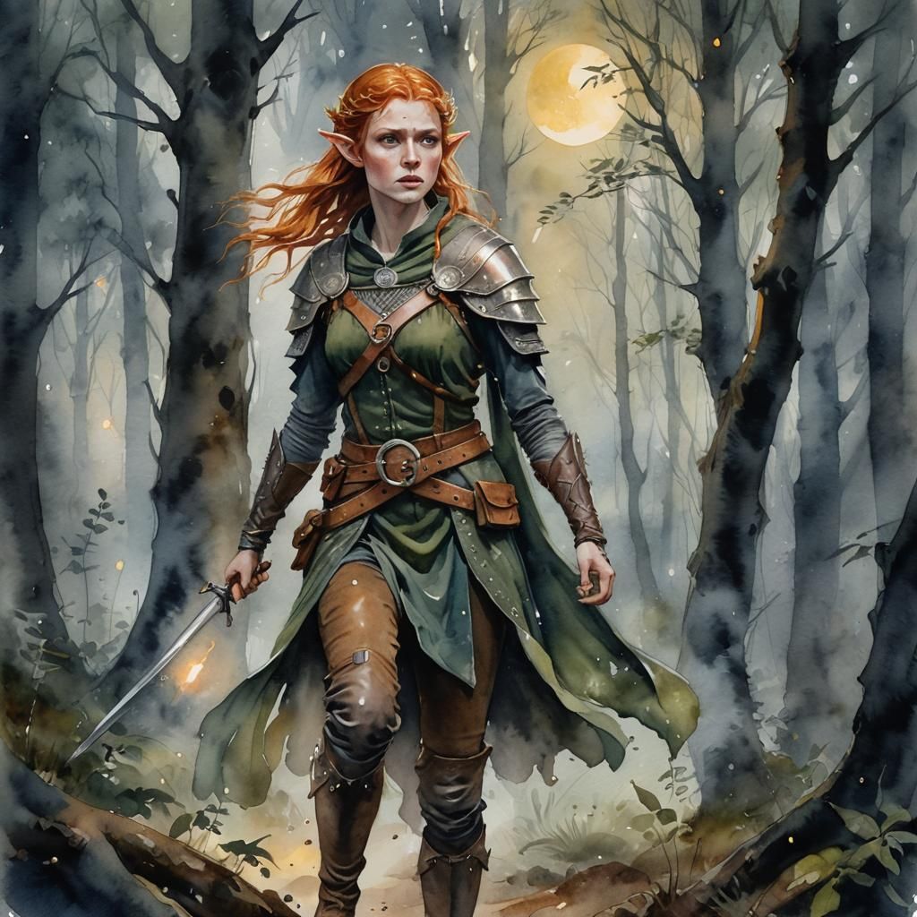 Elf Woman Portrait in Watercolor Art Style