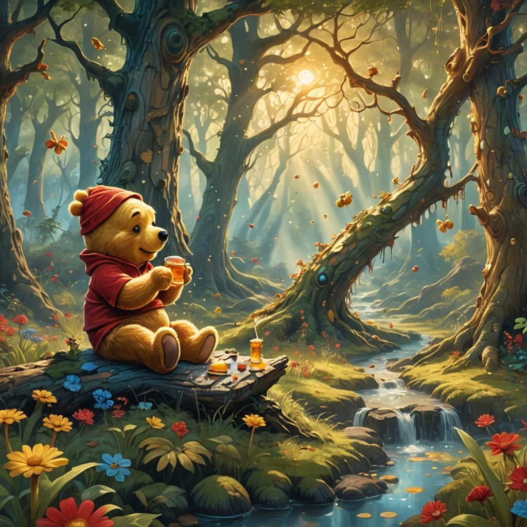 Pooh Bear Eating Honey in Whimsical Forest