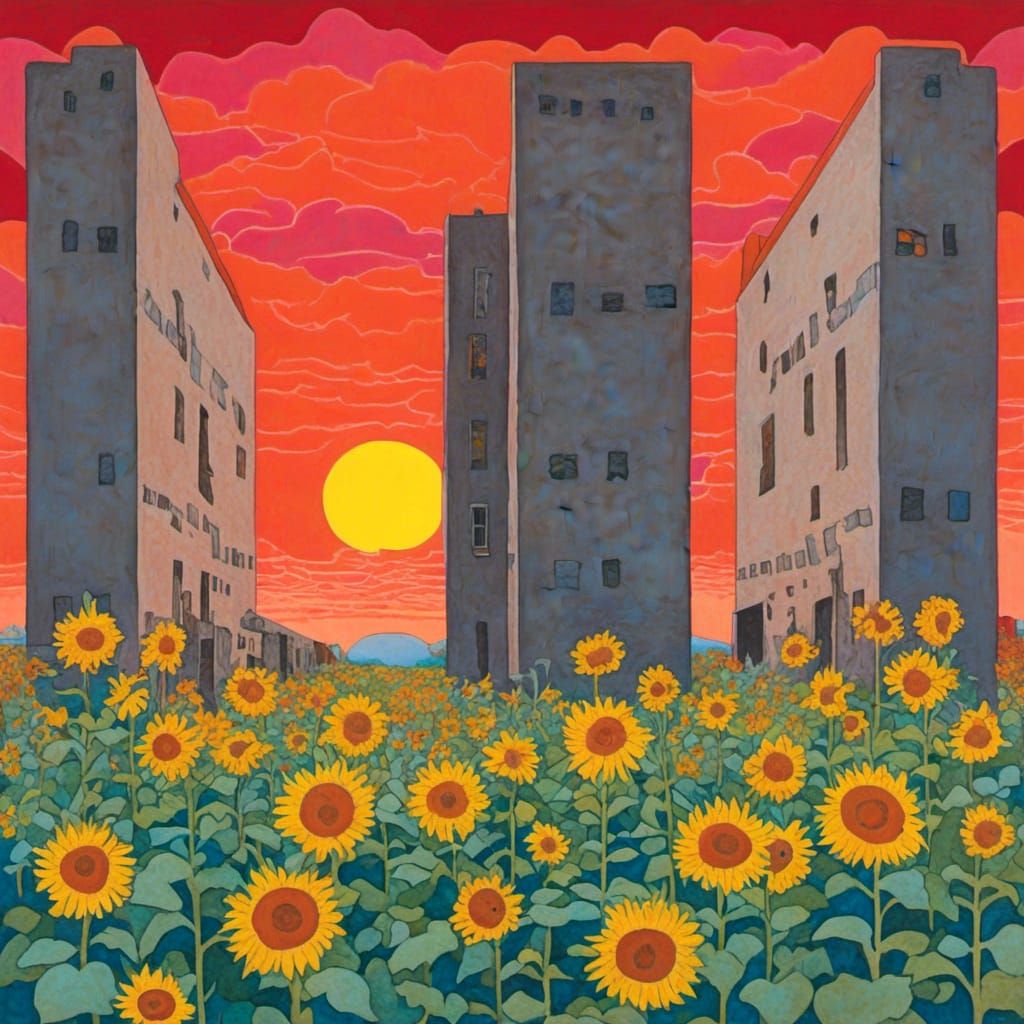 Brutalist Prison Surrounded by Sunflowers