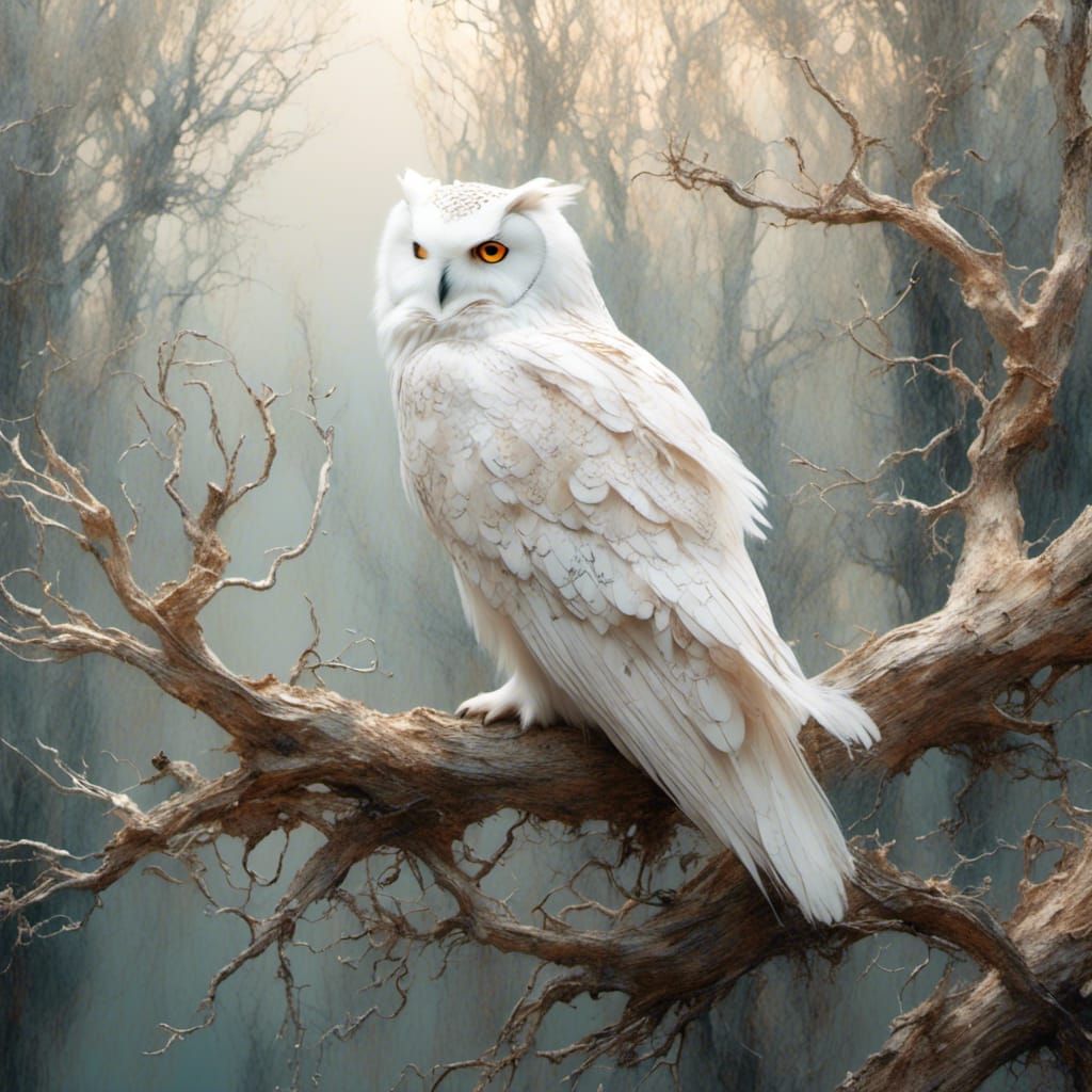 Ethereal Albino Owl in a Misty Forest: Digital Art
