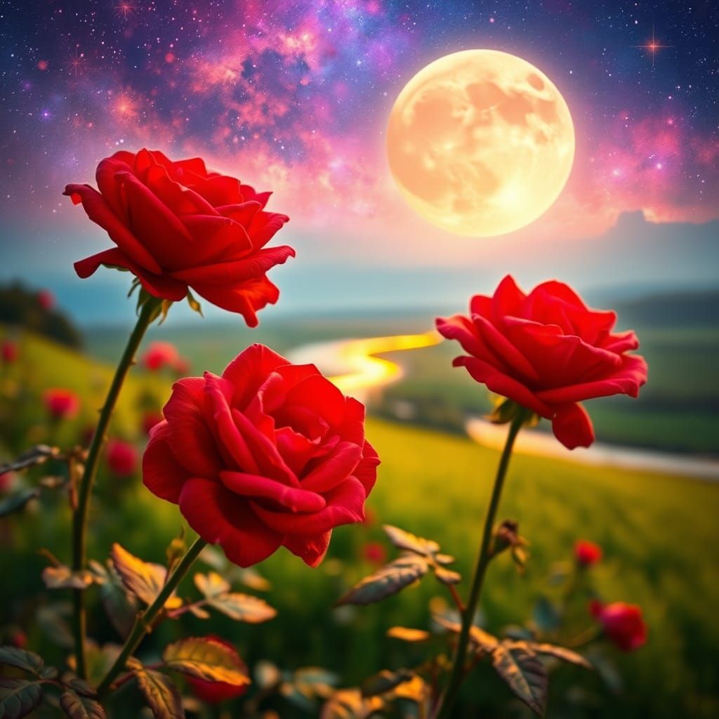 Roses Under Galaxy Sky with Moon