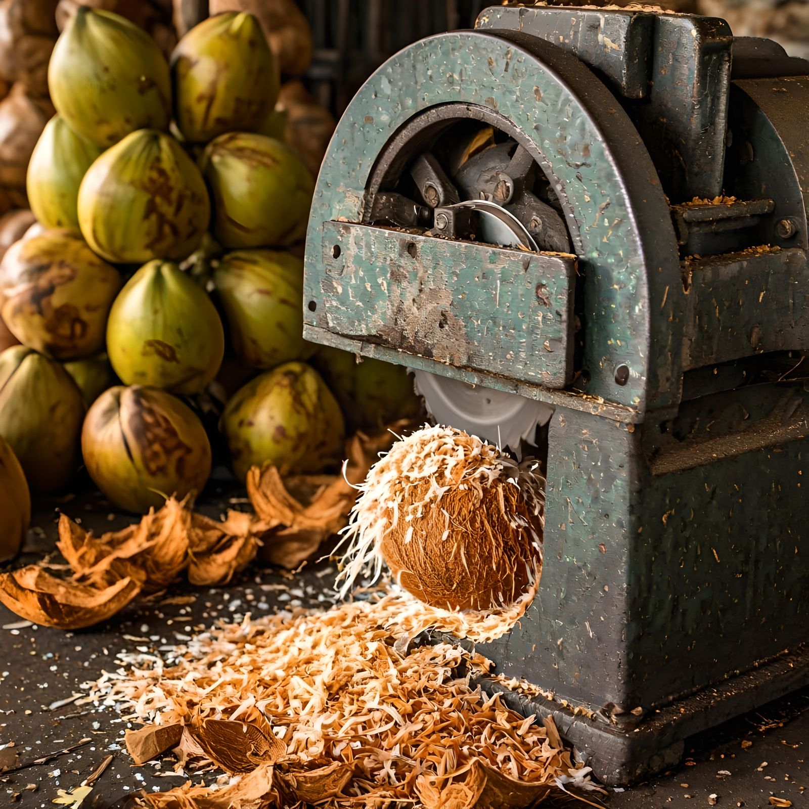Industrial Machine Cuts Coconut: Photorealistic Rural Gritti...