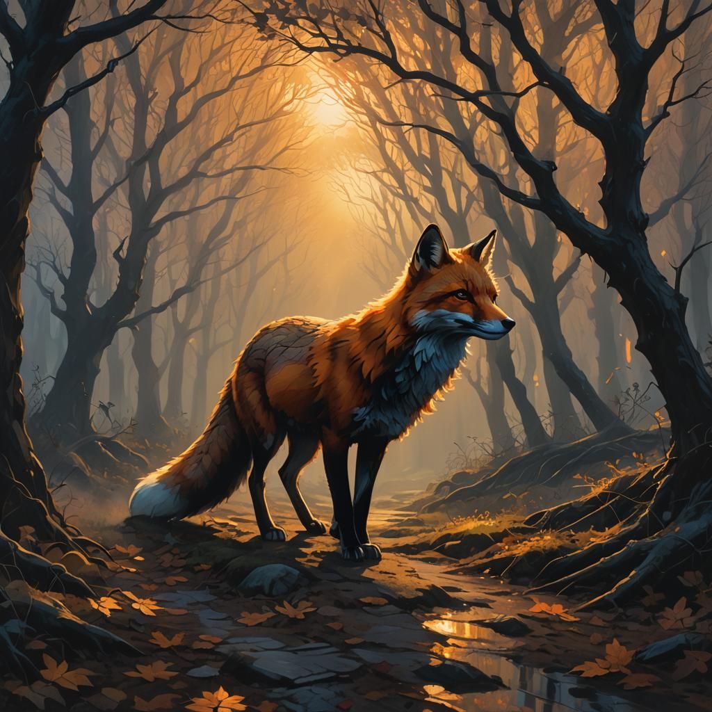 Mystical Fox Crossing Forest Path in Dark Fantasy Style