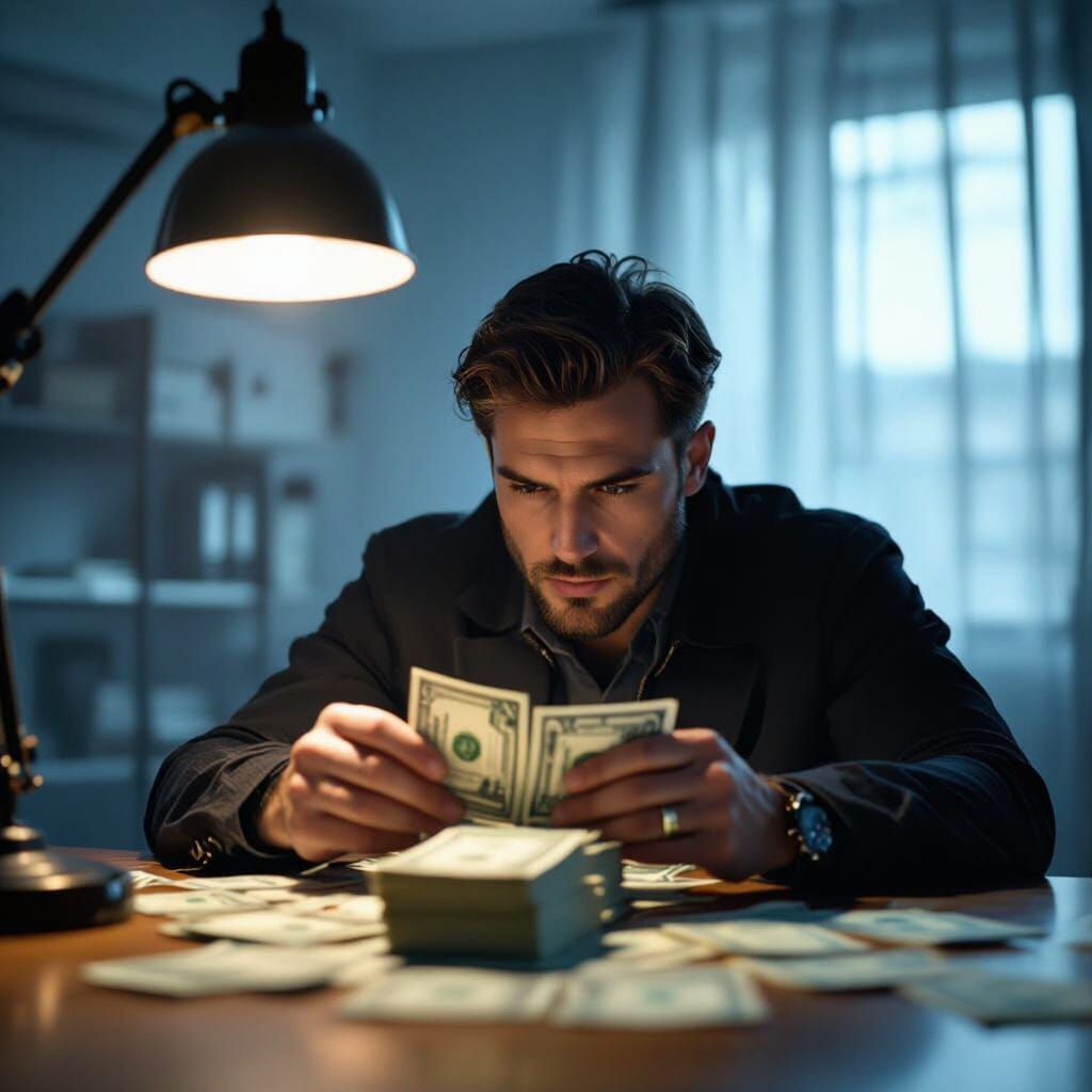 Man Counts Money in Dramatic Spotlight