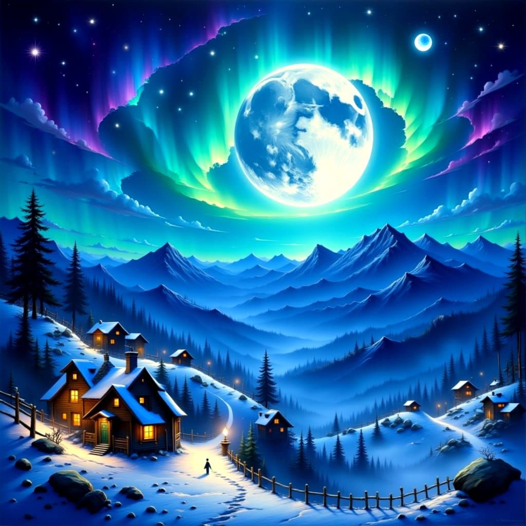 Full Moon Over Alps with Northern Lights
