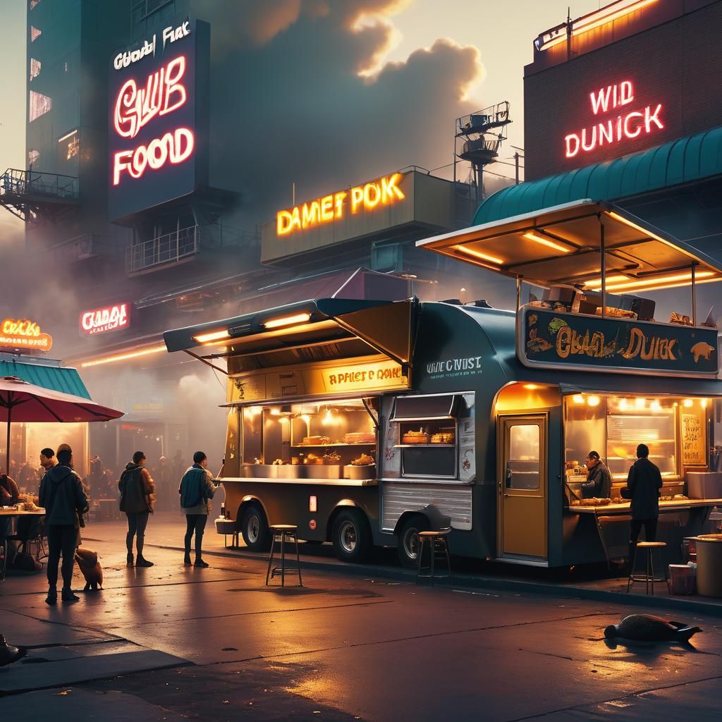 Futuristic Street Food Scene with Neon Lights