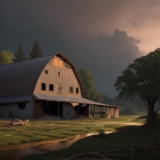 Dilapidated Barn at Dusk: Matte Painting Style