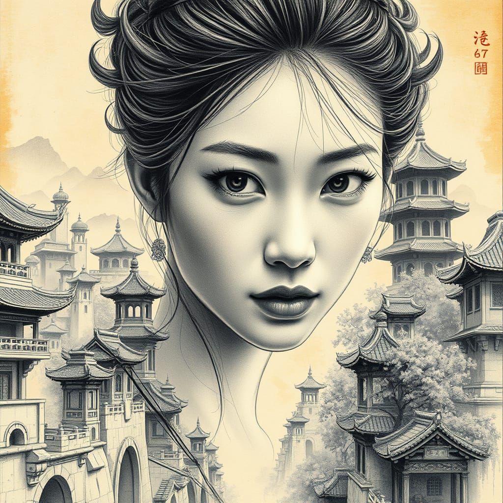 Ancient Chinese Cityscape Unfolds in Intricate Charcoal Penc...