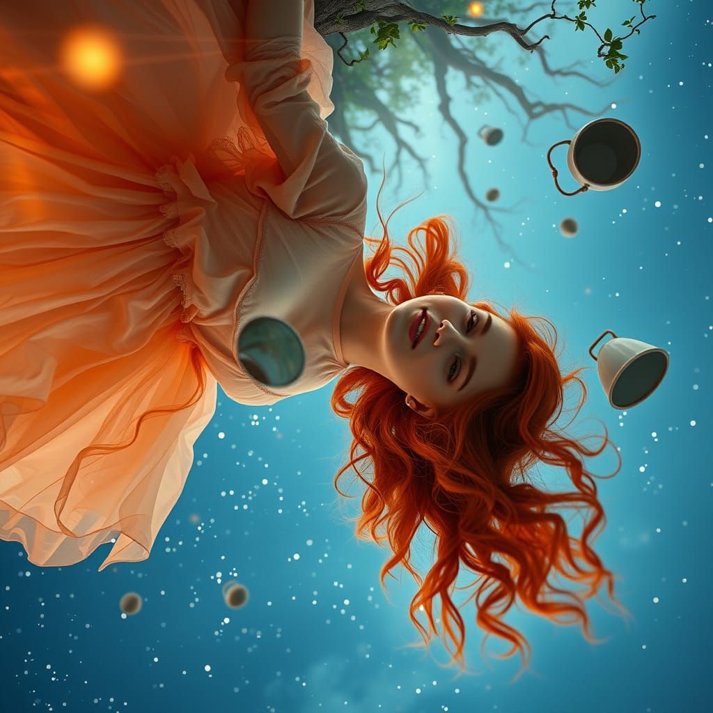 Dreamy Hyperrealistic Portrait of a Redhead in an Upside-Dow...