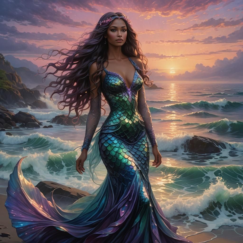 Mystical Mermaid Gown on Misty Shore: Digital Art