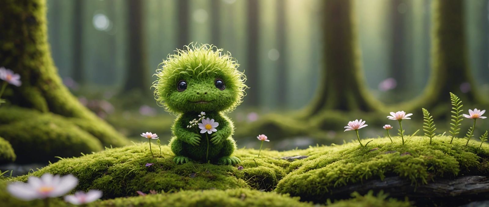 Cute Moss Creature in Sunlit Forest Clearing
