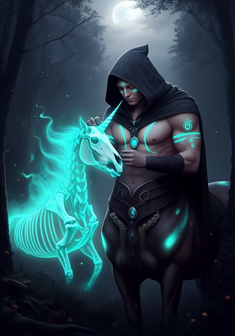 Centaur Petting Unicorn Ghost in Forest, Digital Illustratio...