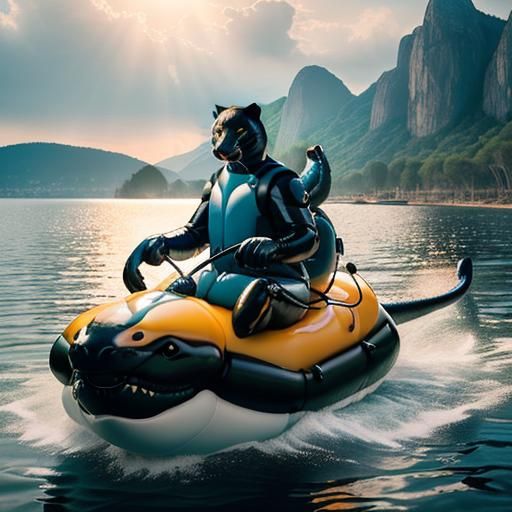 Anthro Panther Rides Water Dinosaur in Panorama