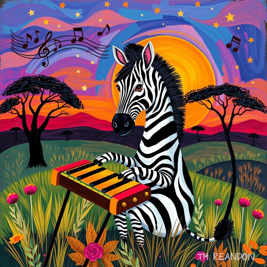 Vibrant Whimsical Zebra Plays Xylophone in Dreamy Savannah S...