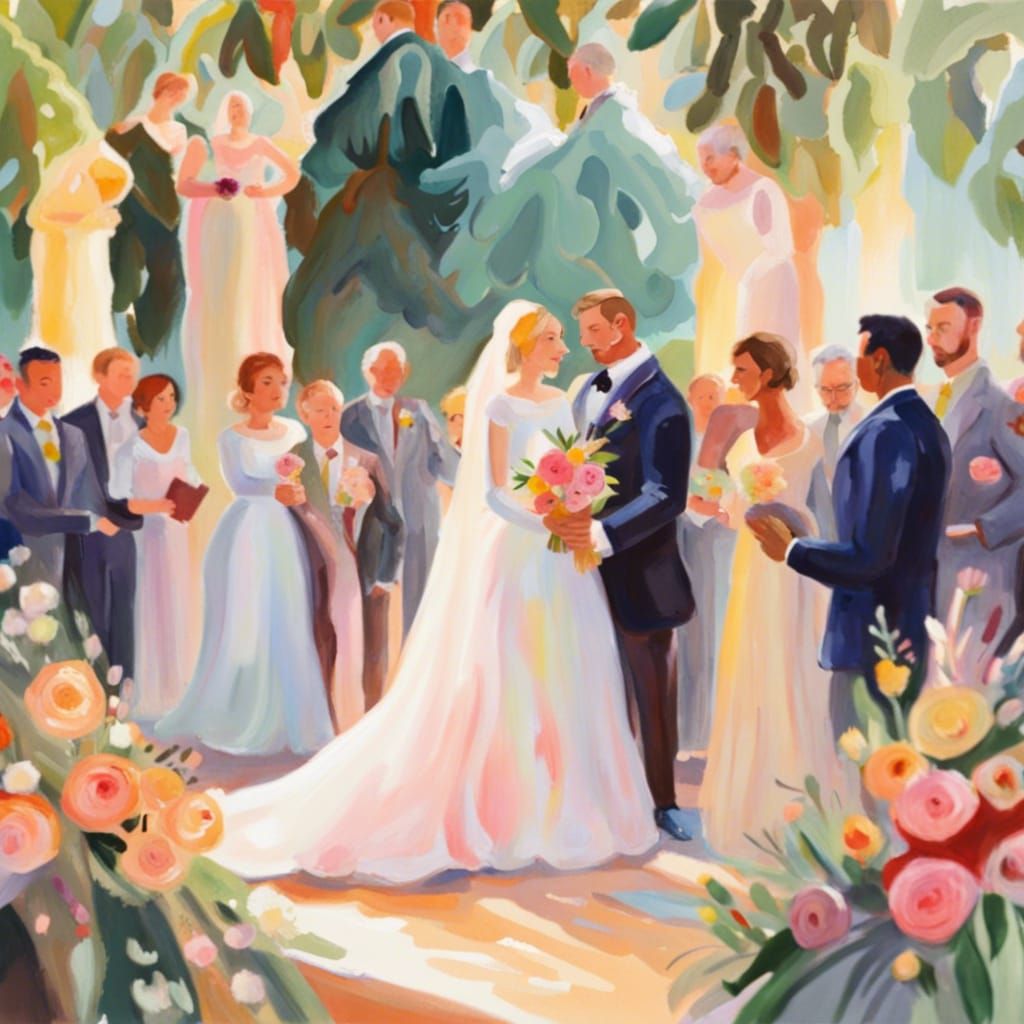 elaborate outdoor wedding, in Gouache Style, Watercolor, Mus...