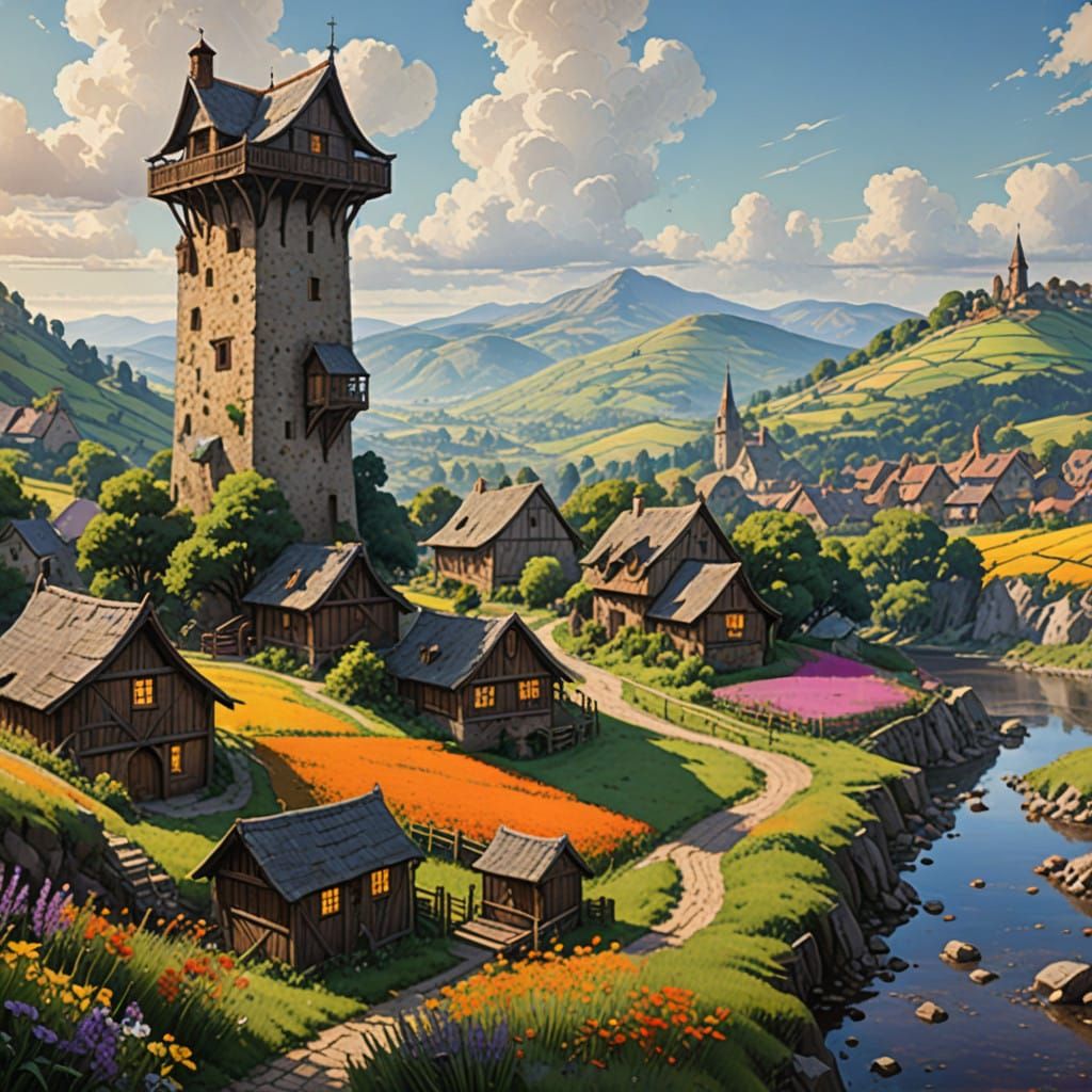 Medieval Village Scene in Warm, Golden Light