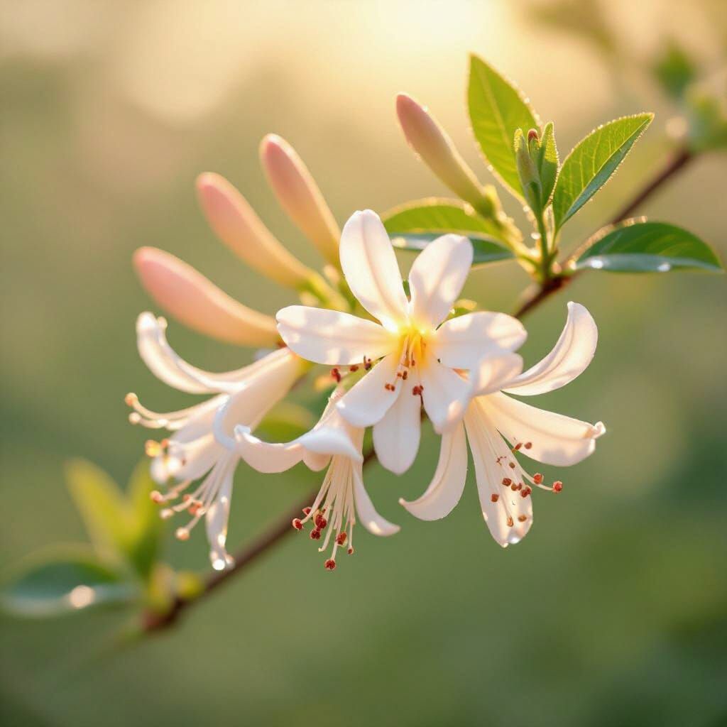 Close Up Macro View of Honeysuckle Flowers in Golden Hour Li...
