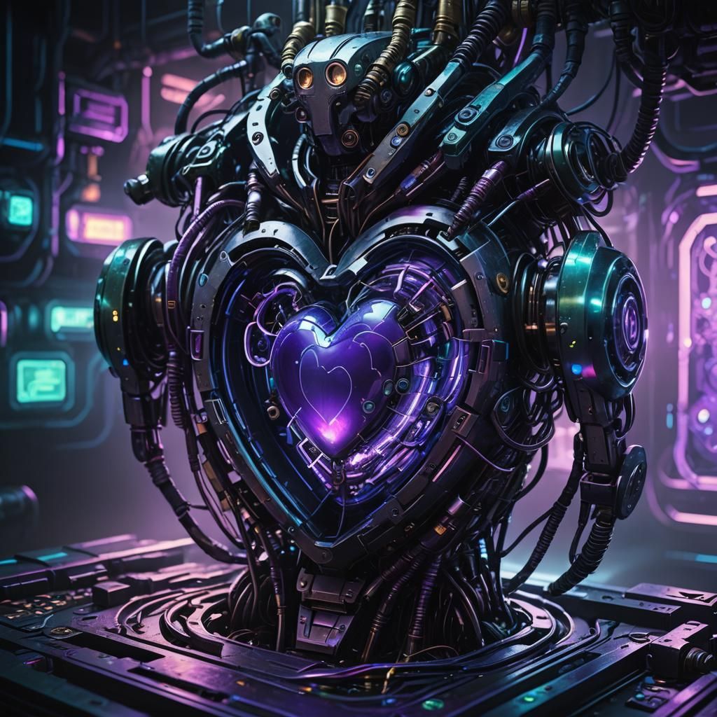 Cyberpunk Robot Heart in a Dark Chamber