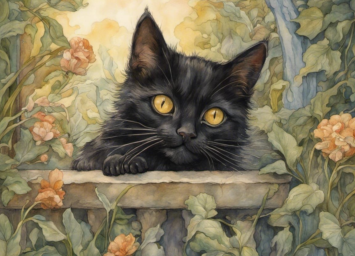 Black Kitten in Garden, Watercolor Romanticism