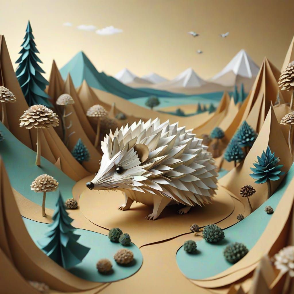 Surreal Paper Hedgehog in Miniature World