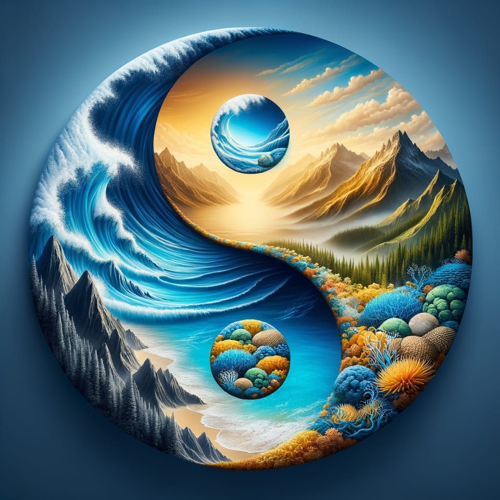 Yin Yang Symbol with Ocean and Mountain Scenes