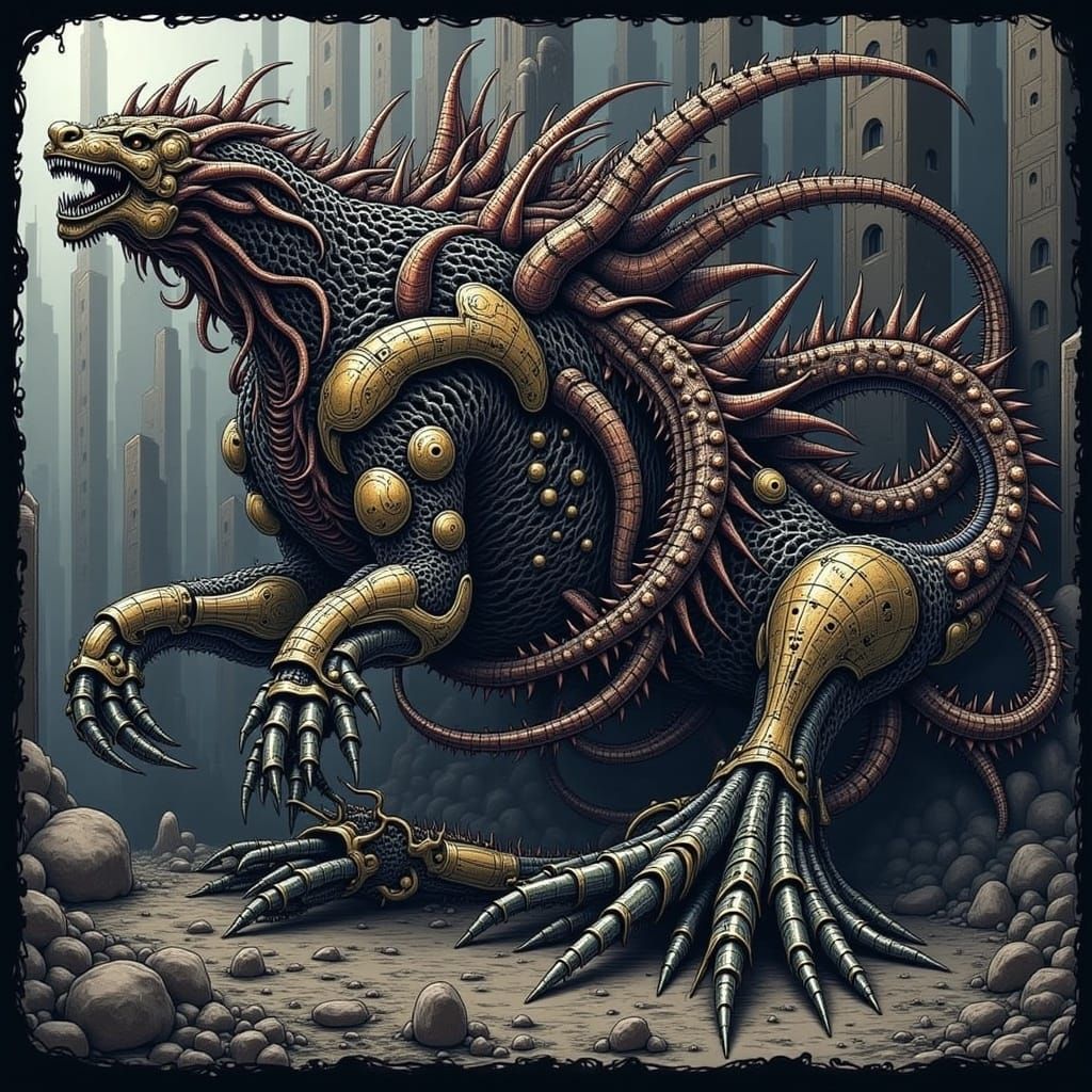 Demonic Mechagodzilla Centaur in Giger Style