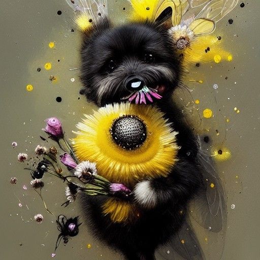 Adorable Dog-Bee Hybrid in Flight: Detailed Digital Art
