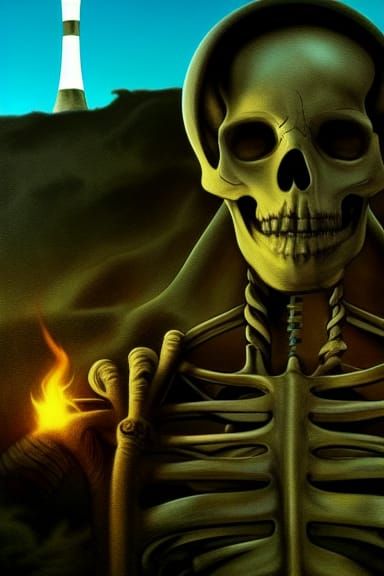 Skeleton Overlooking Nuclear Plant: Hyperdetailed Concept Ar...