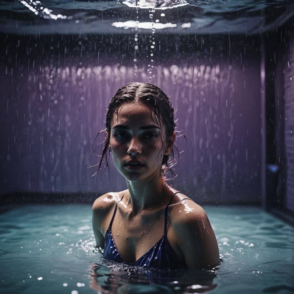 Girl Swimming in Wet Room with Cinematic Lighting