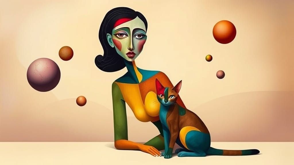 Surrealist Cubist Figure with Cat in Vibrant Colors