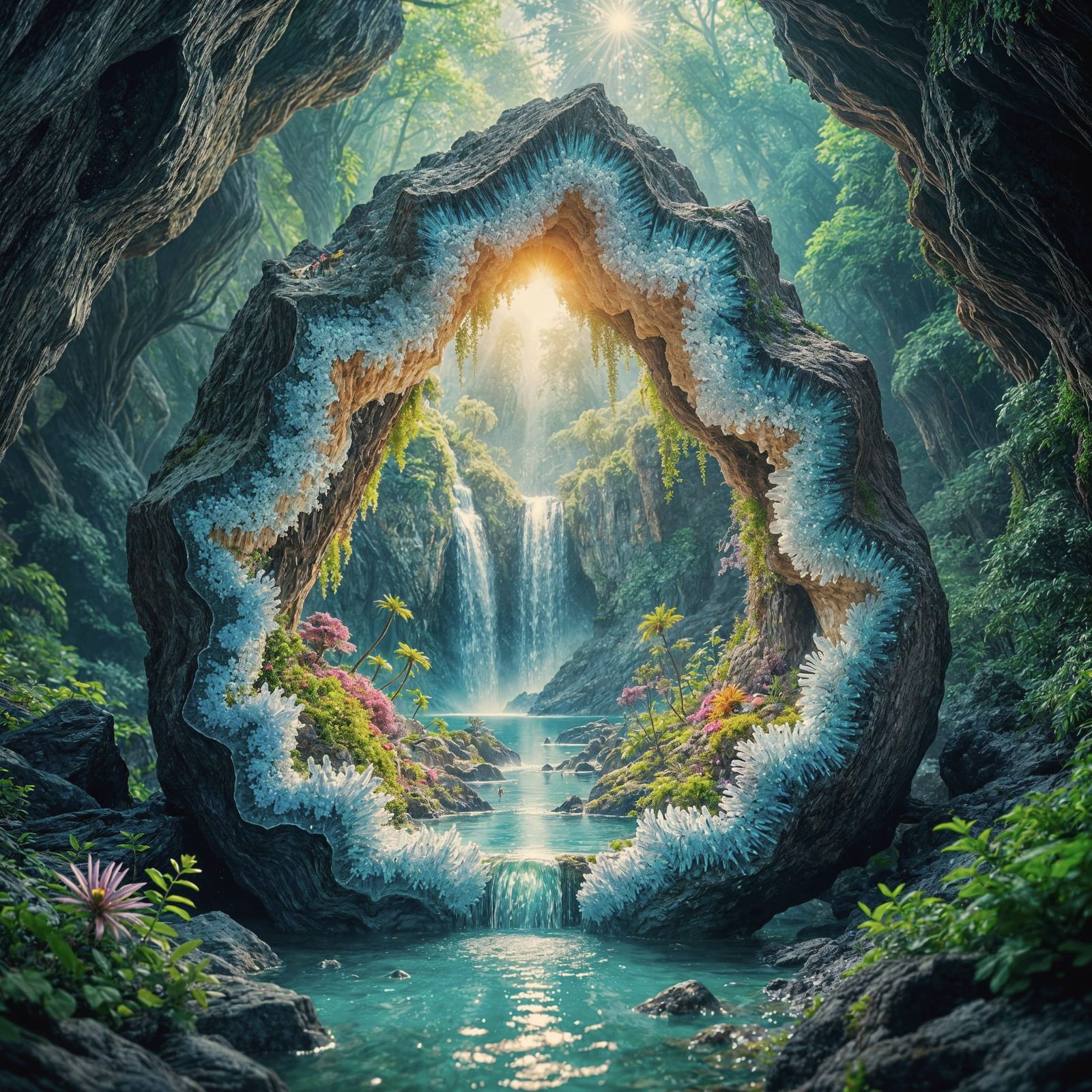 Crystal Geode Reveals Miniature Ecosystem with Glowing Water...