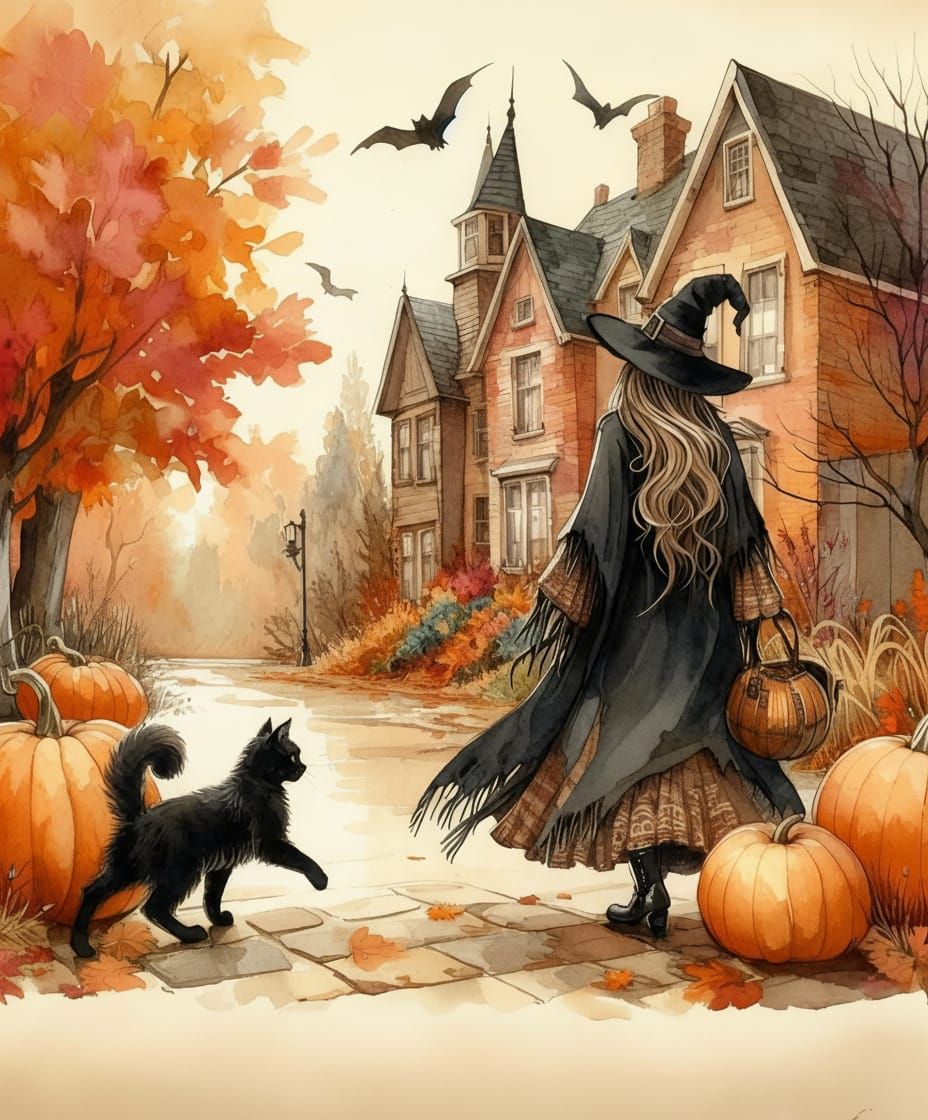 Witch and Black Cat on Brick Sidewalk