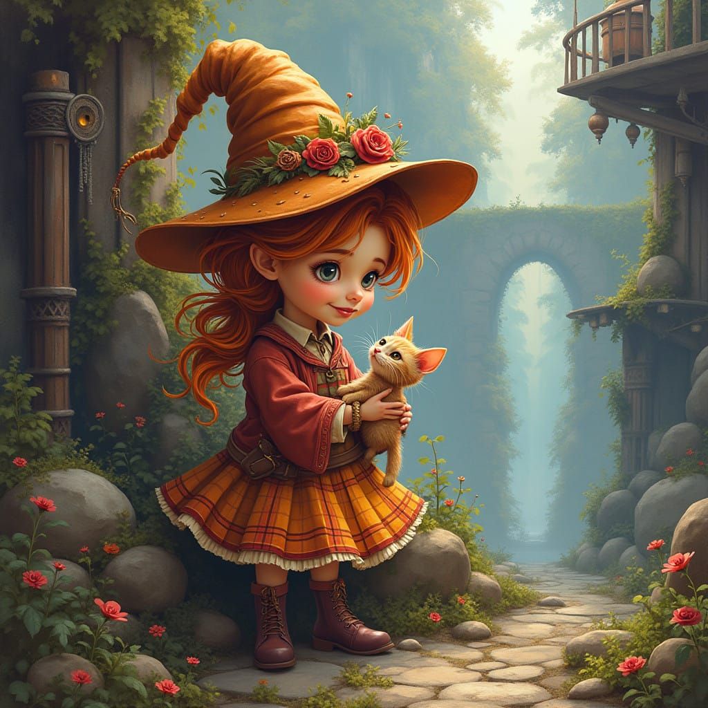 Enchanted Steampunk Sorceress with Kitten in Whimsical Wonde...