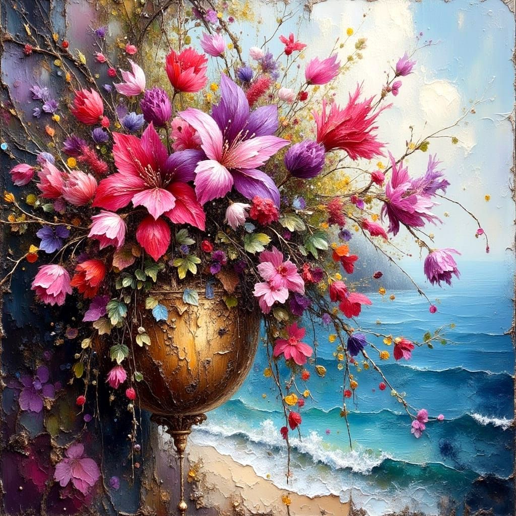 Lush Fuchsia Flowers with Ocean View as Impasto Painting