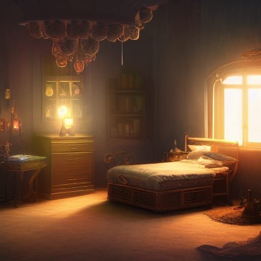 Fantastical Bedroom with Lamp in Detailed Matte Painting