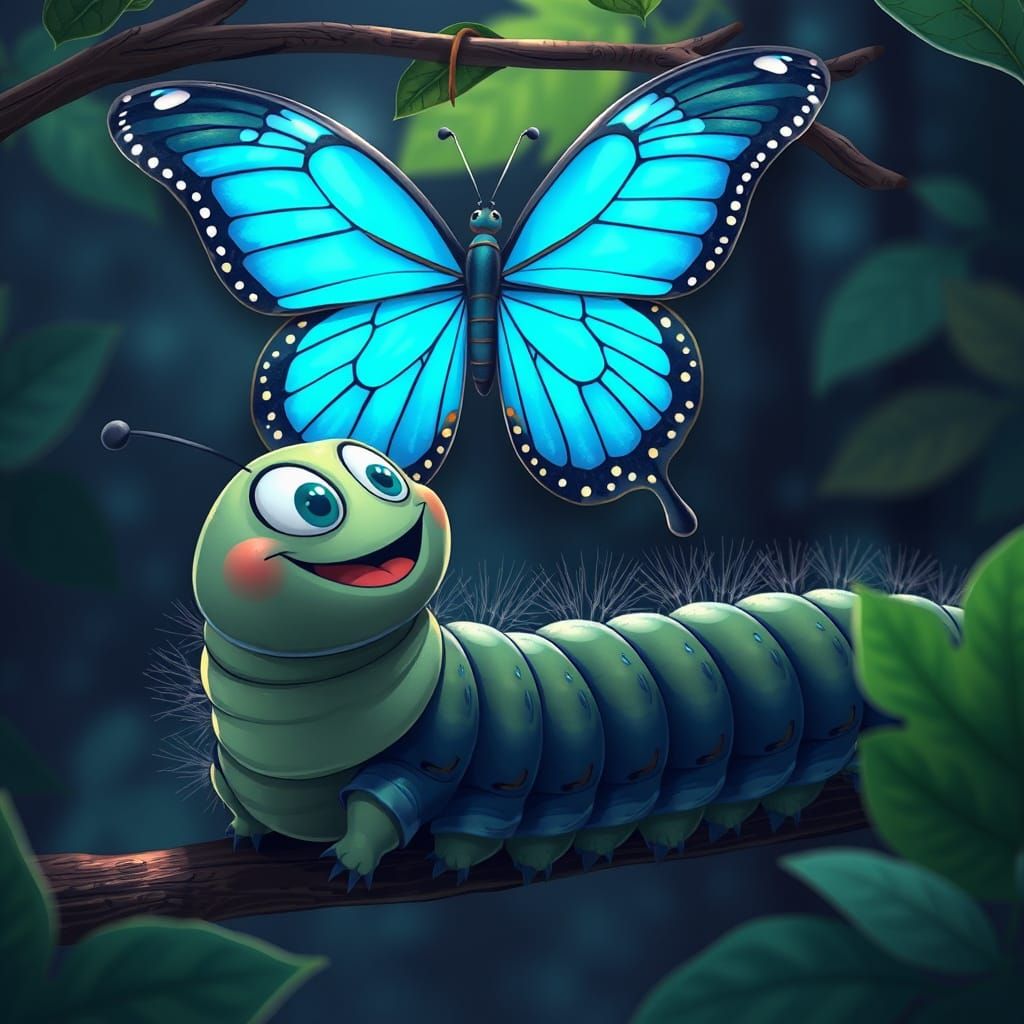 Excited Caterpillar Watches Butterfly in Anime Style