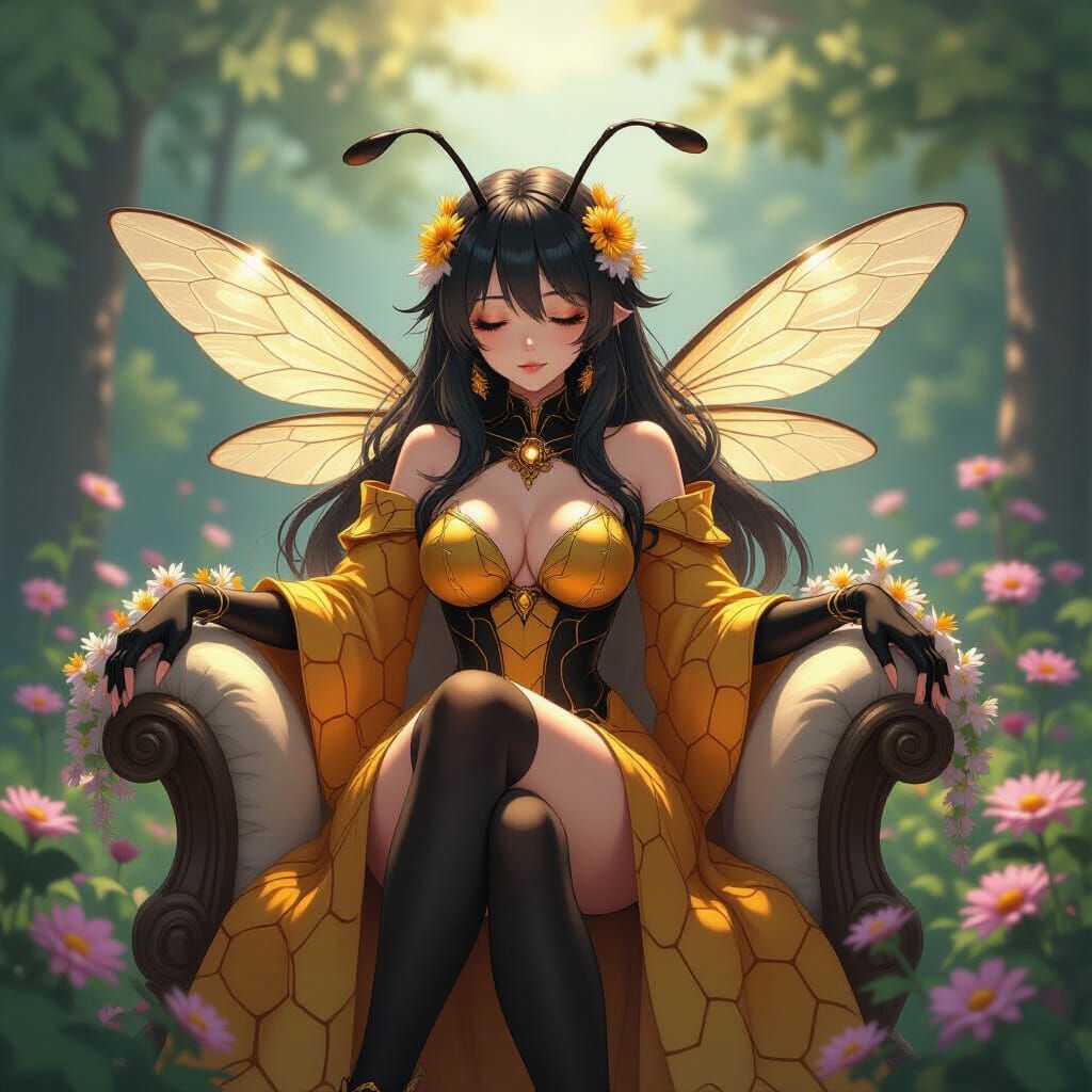 Majestic Anime Bee Woman on Floral Throne