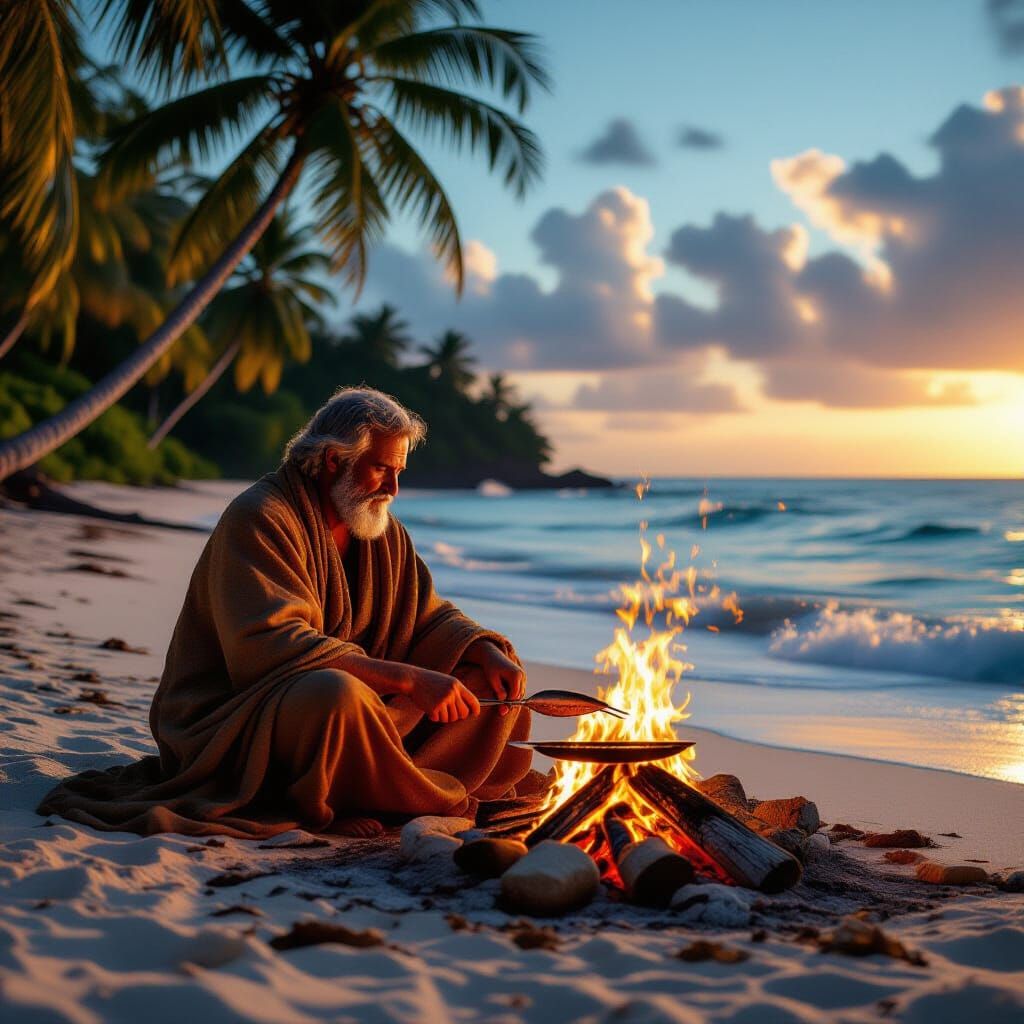 Solitary Man Grilling Fish on Deserted Island at Sunset