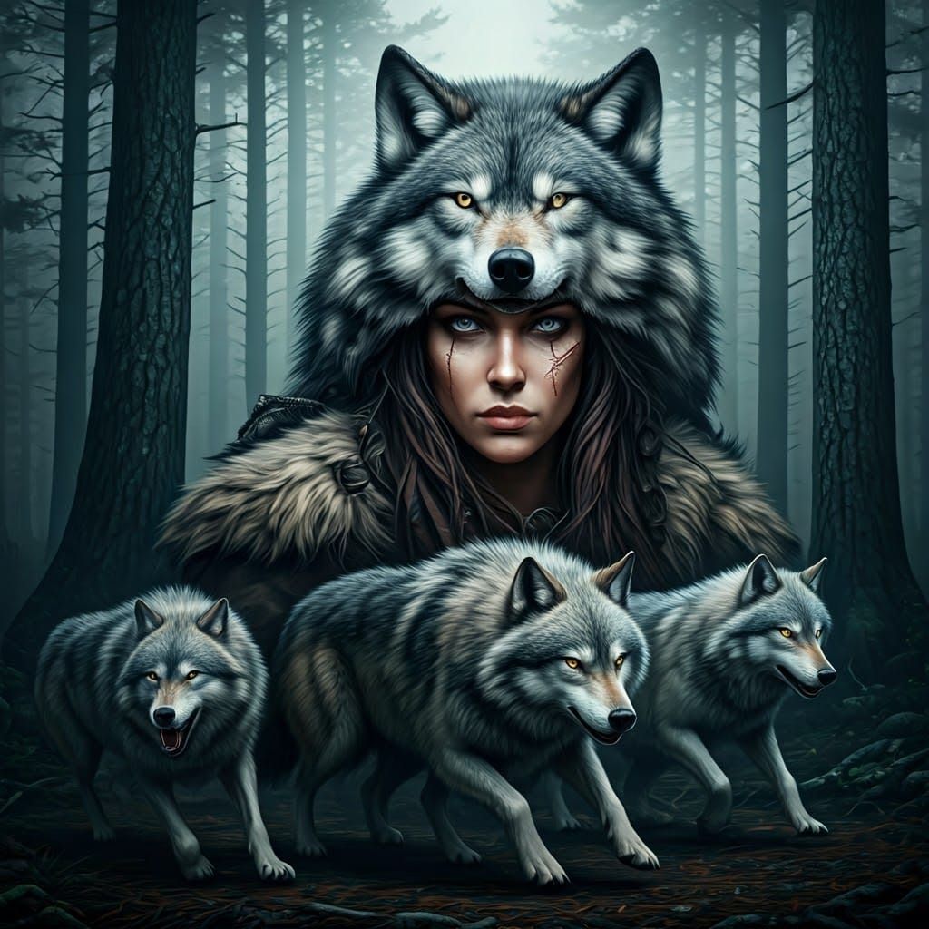 Mystical Woman Unites with Wolves in the Misty Pine Forest
