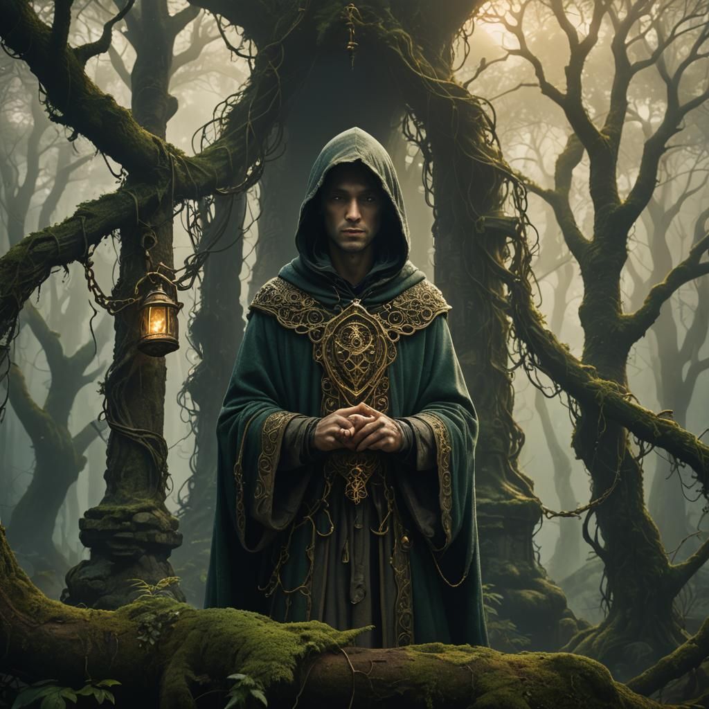 Mystical Forest Figure Holding Glowing Lock