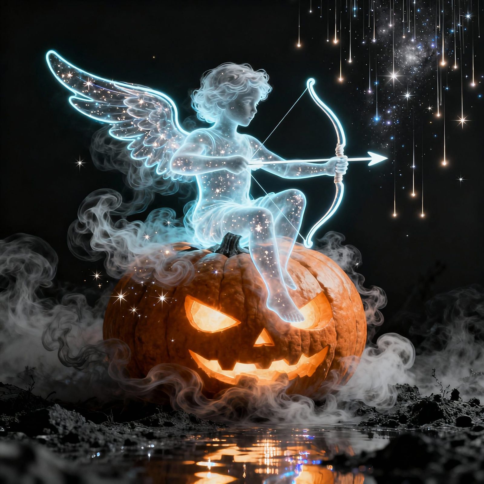 Mystical Ghost Cupid on Pumpkin, Surreal Fantasy Art